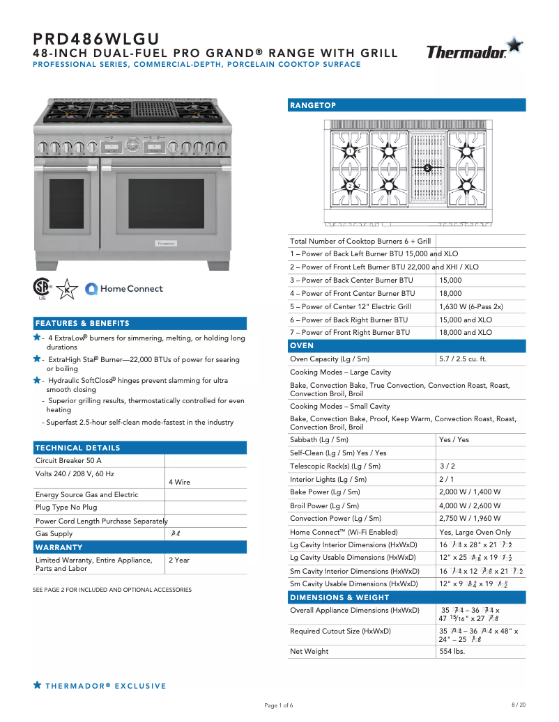 Page 1 de la notice Fiche technique Thermador PRD486WLGU