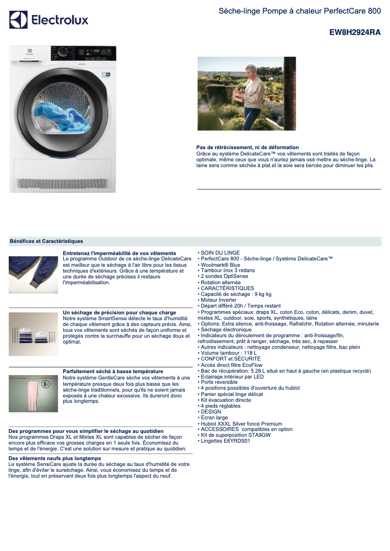 Page 1 de la notice Fiche technique Electrolux EW8H2924RA