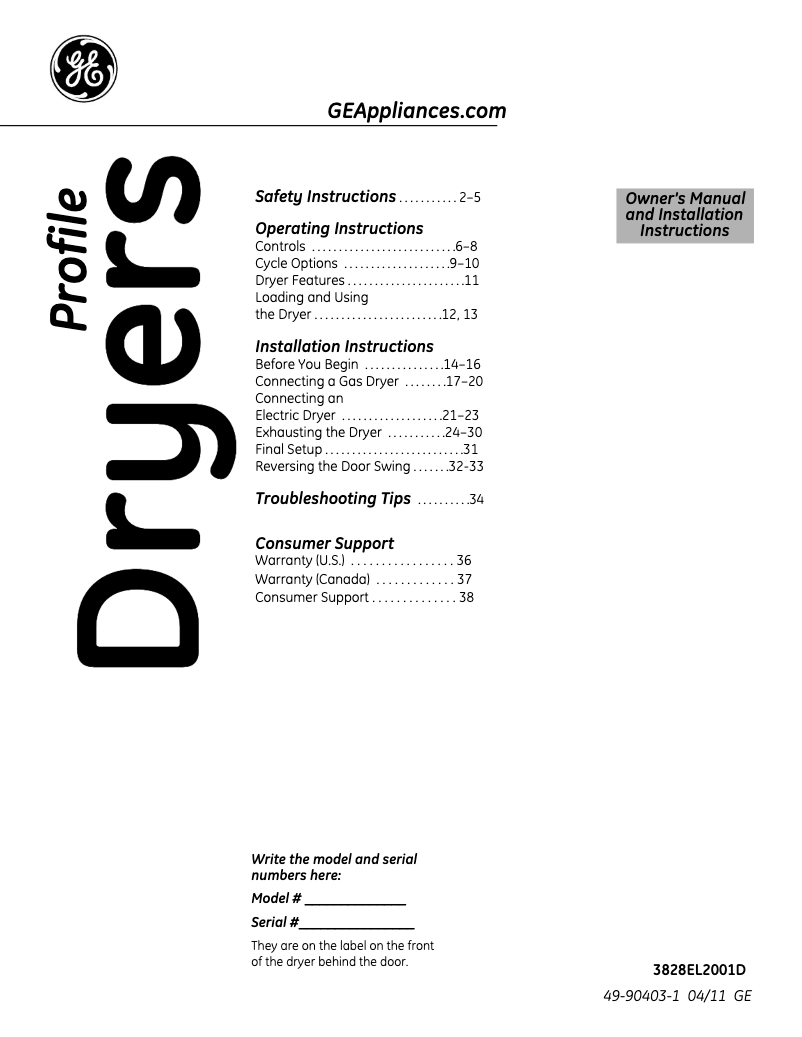 Page n°1 - Manuel d'utilisation et d'entretien GE Profile Harmony PTDN805GMMS