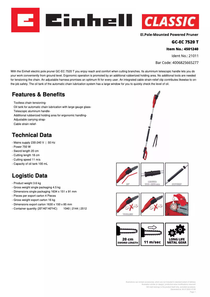 Page n°1 - Fiche technique Einhell GC-EC 7520 T