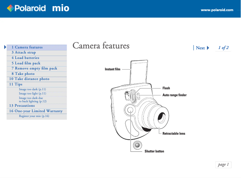 Page 1 de la notice Manuel utilisateur Polaroid Mio