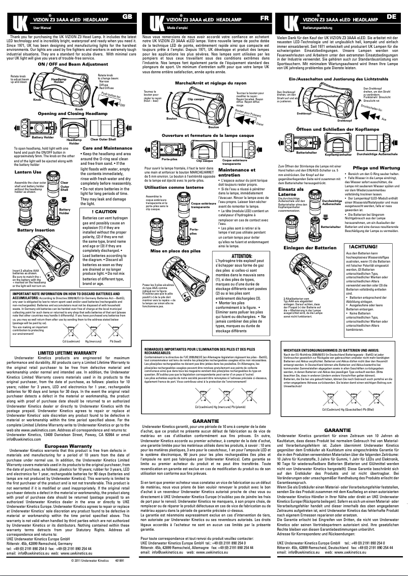Page 1 de la notice Manuel utilisateur Underwater Kinetics Vizion Z3