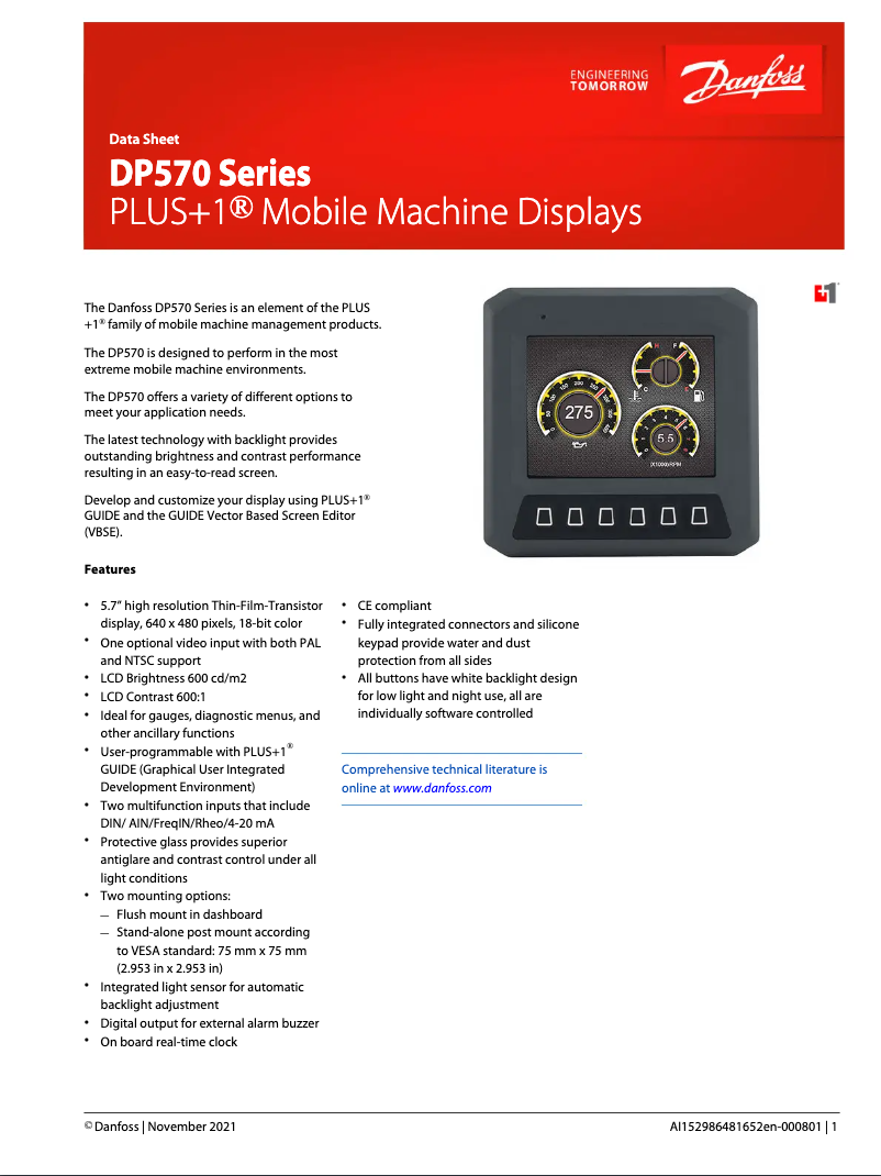 Page 1 de la notice Fiche technique Danfoss DP570