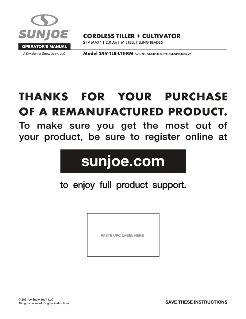 Page n°1 - Manuel utilisateur Sun Joe 24V-TLR-LTE-RM