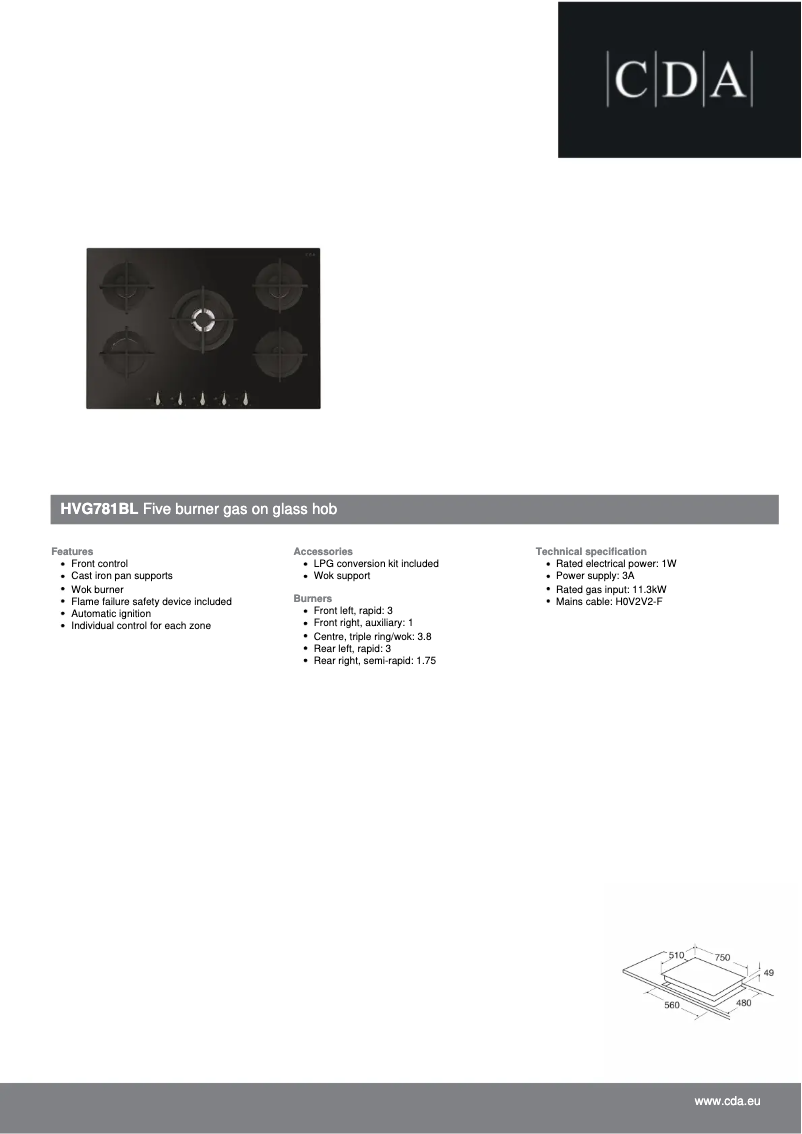 Page n°1 - Fiche technique CDA HVG781BL