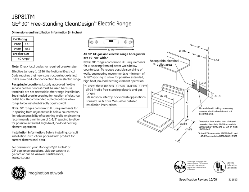 Página 1 del manual Ficha técnica GE JBP81TMWW