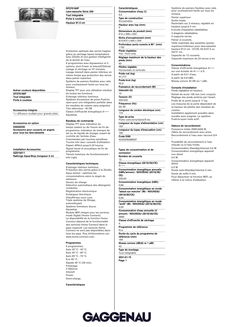 Page 1 de la notice Fiche technique Gaggenau DF270160F