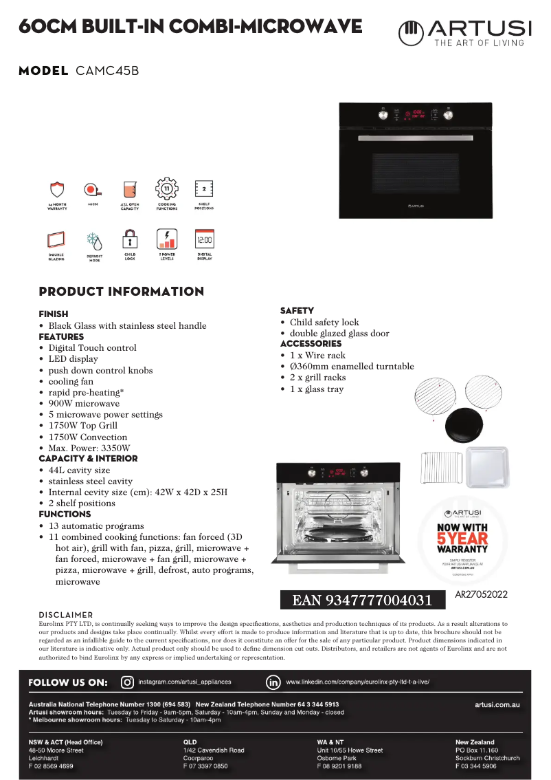 Page 1 de la notice Fiche technique Artusi CAMC45B