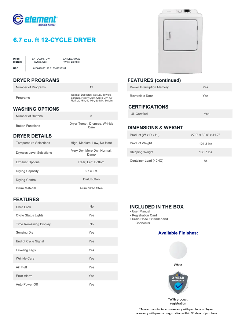 Image de la première page du manuel de l'appareil EATDE2767CW