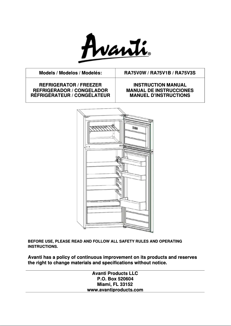 Page n°1 - Manuel utilisateur Avanti RA75V3S