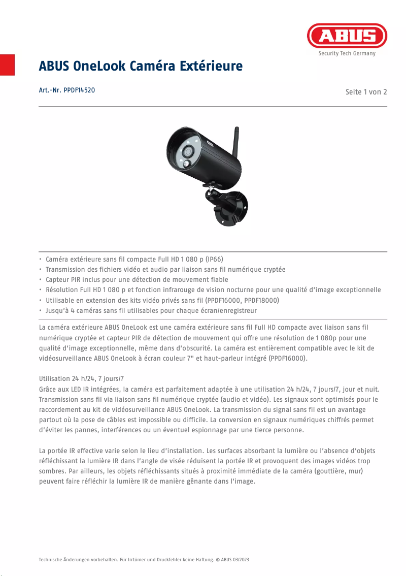 Page 1 de la notice Fiche technique Abus PPDF 14520