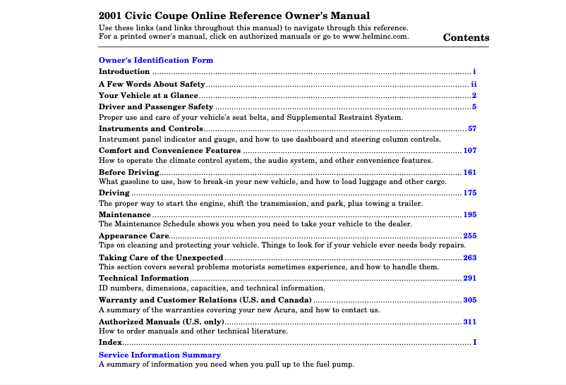 Página 1 del manual Manual de usuario Honda Civic Coupe (2001)