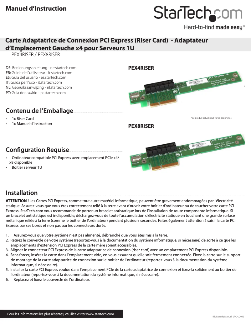 Page n°1 - Manuel utilisateur StarTech.com PEX8RISER