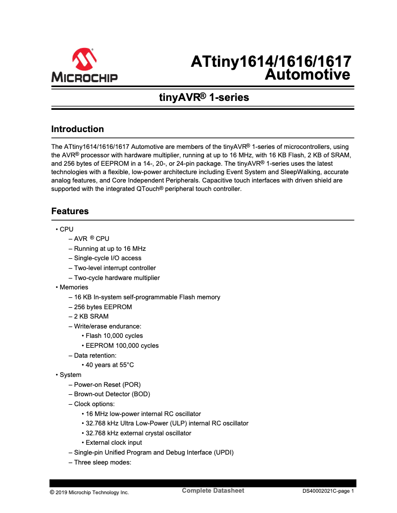 Page 1 de la notice Fiche technique Microchip ATTINY1614