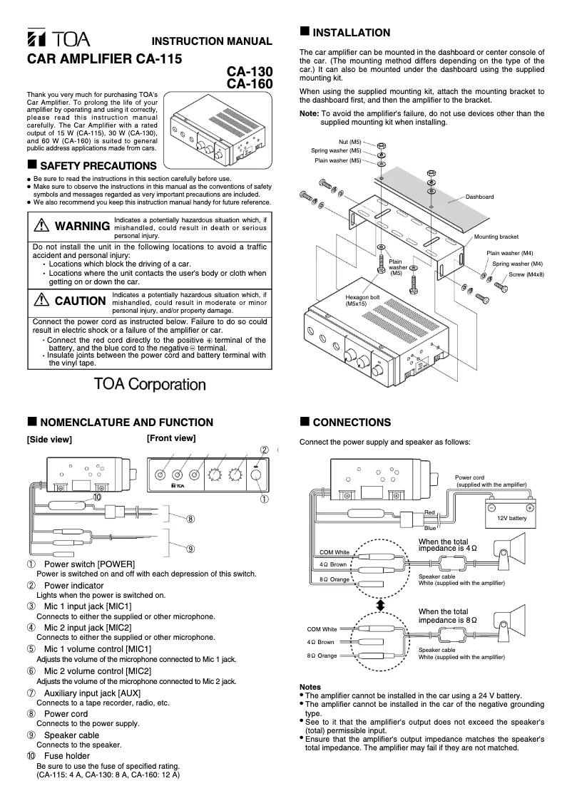 Page n°1 - Manuel utilisateur TOA CA-130