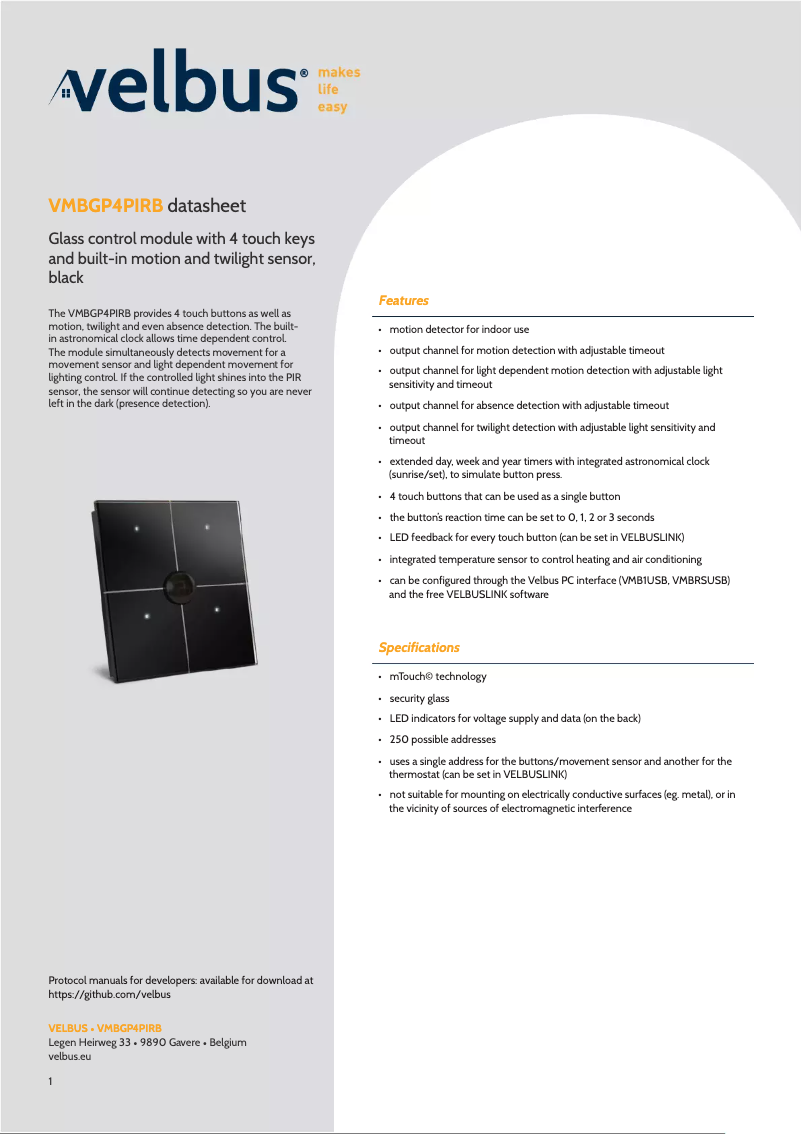 Page 1 de la notice Fiche technique Velbus VMBGP4PIRB