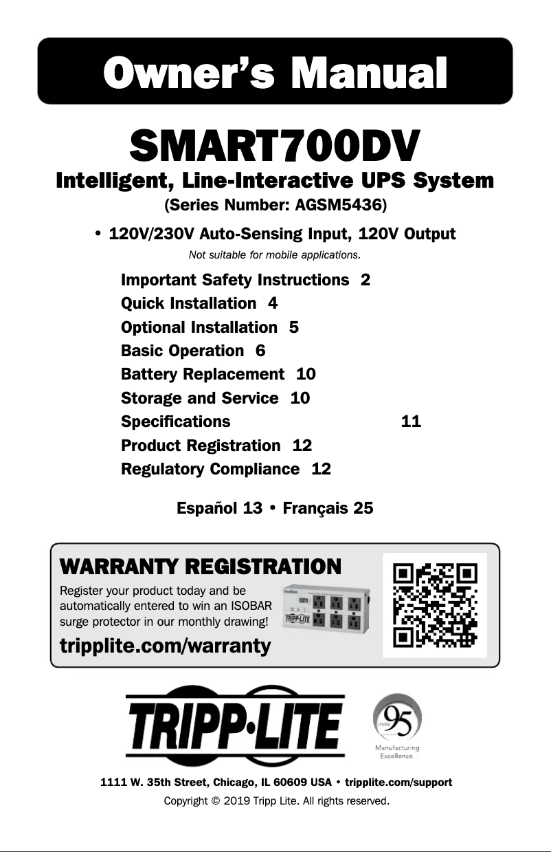 Page 1 de la notice Manuel utilisateur Tripp Lite SMART700DV