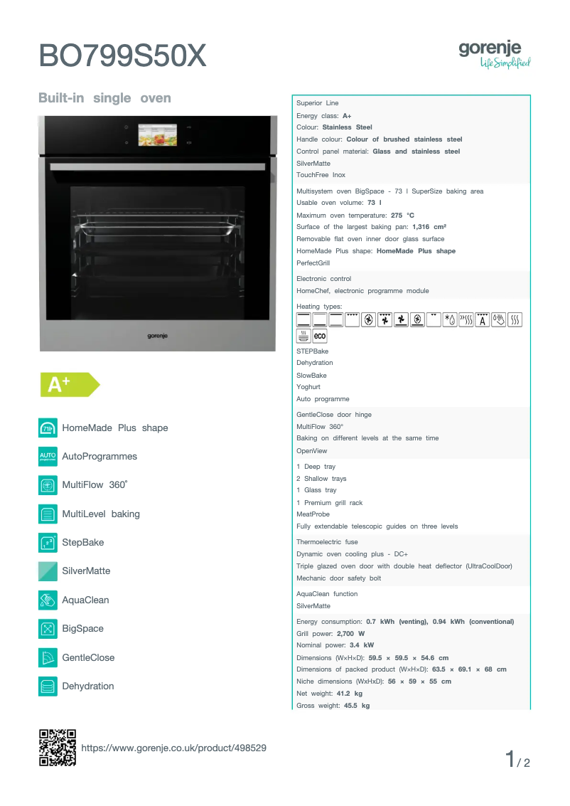 Page 1 de la notice Fiche technique Gorenje BO799S50X