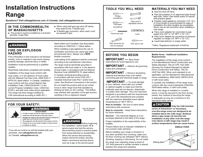 Page n°1 - Guide d'installation GE Café CGS986EELDS