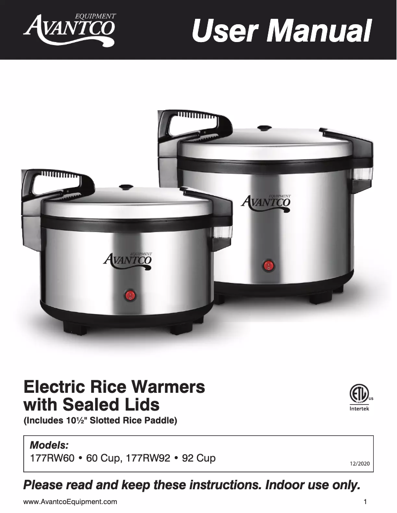 Page 1 de la notice Manuel utilisateur Avantco RW60