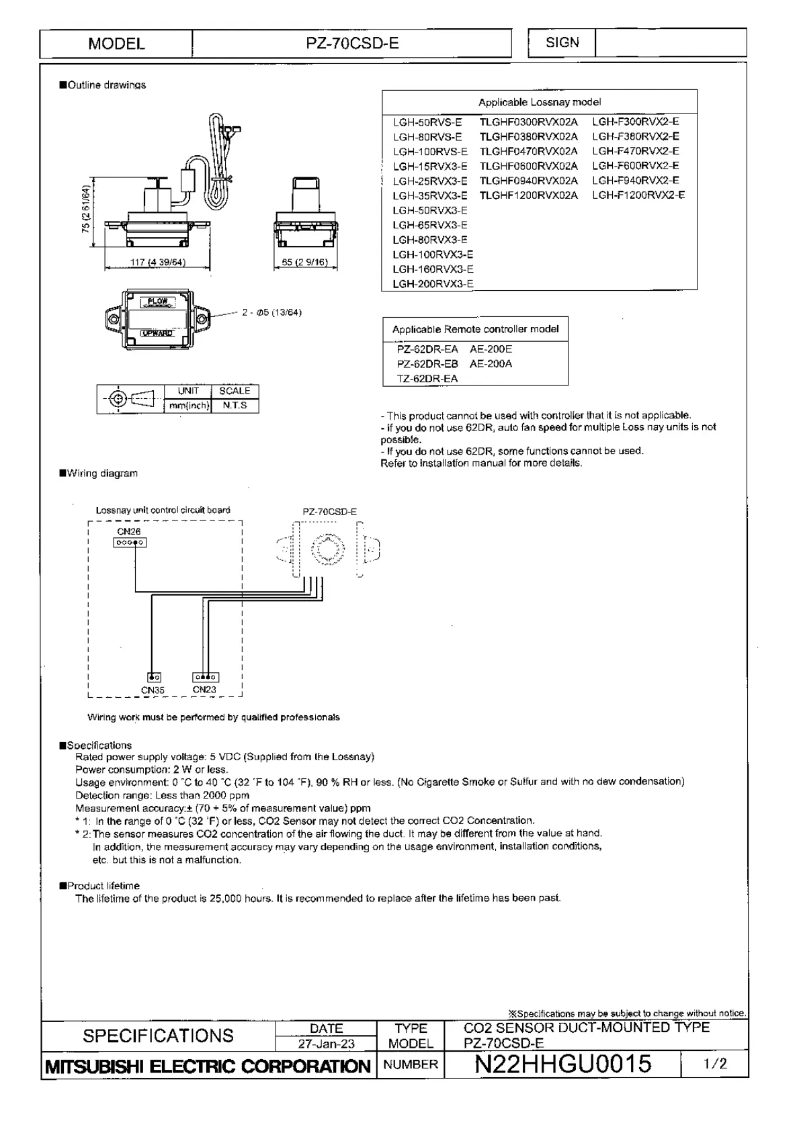 Página 1 del manual Ficha técnica Mitsubishi PZ-70CSD-E