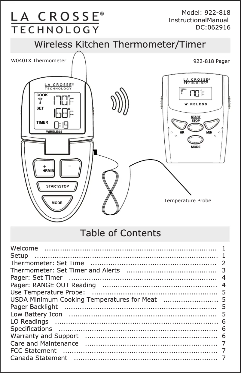 Page n°1 - Manuel utilisateur La Crosse Technology 922-818
