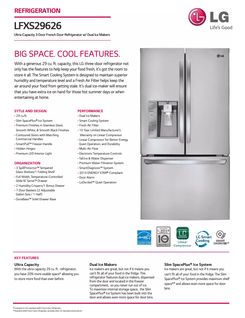 Page 1 de la notice Fiche technique LG LFXS29626