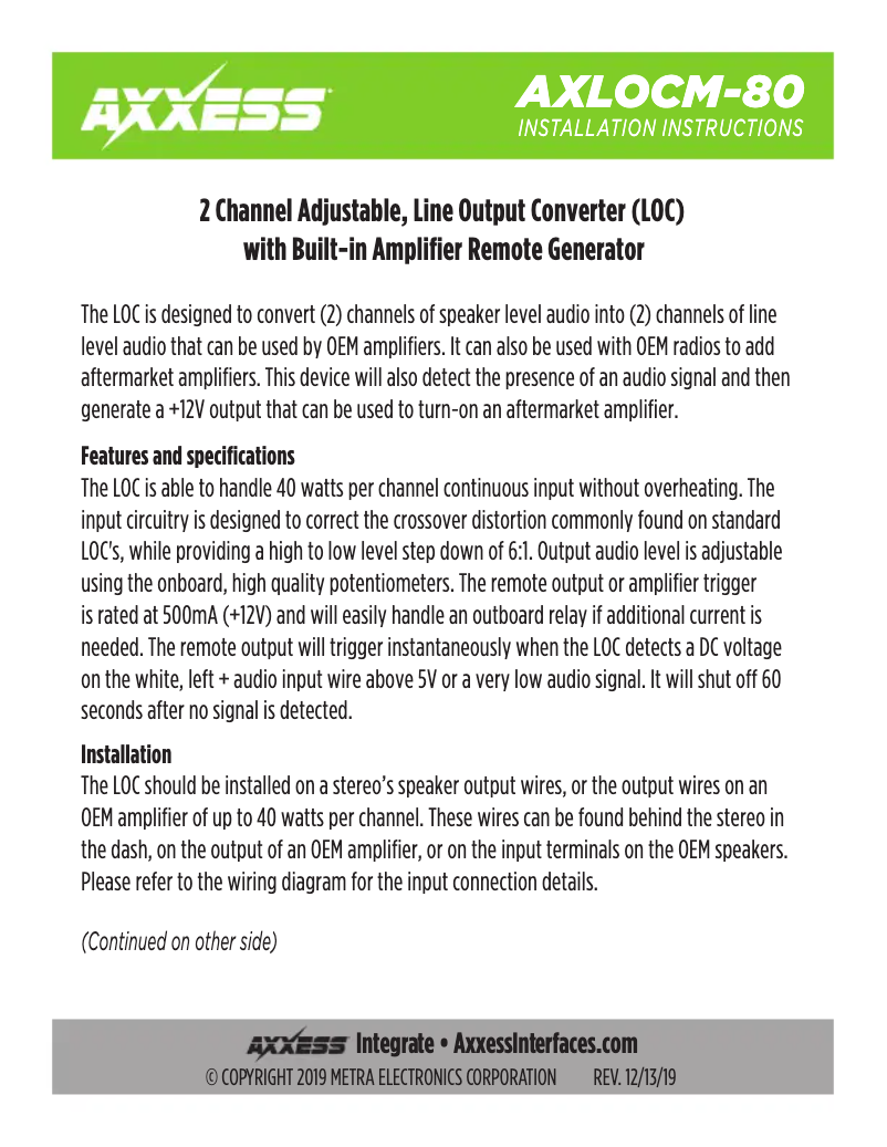 Page 1 de la notice Manuel utilisateur AXESS AXLOCM-80