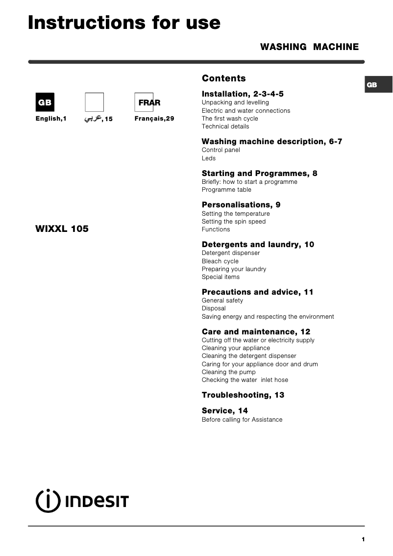 Image de la première page du manuel de l'appareil WIXXL 105 (KW).C