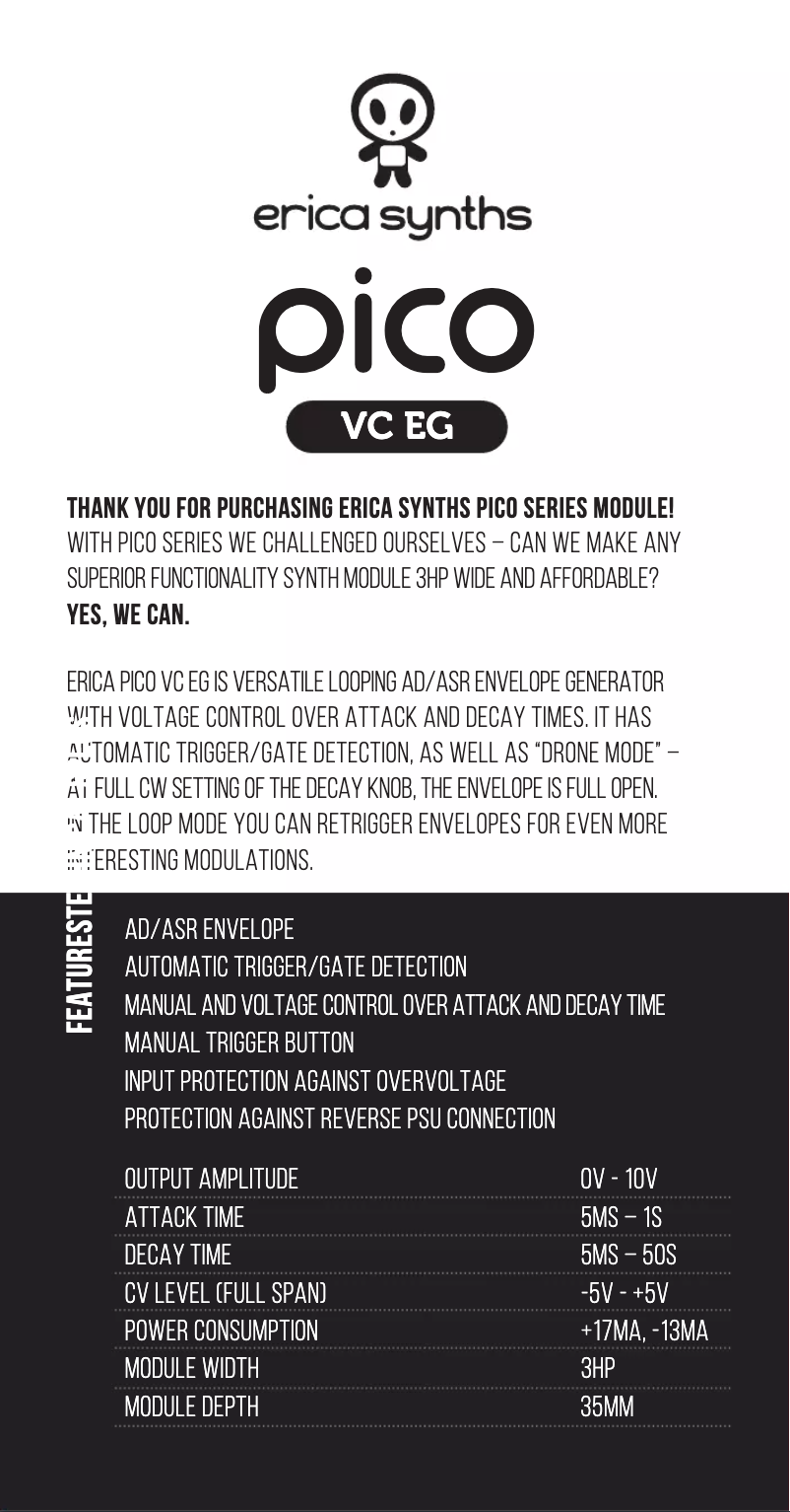 Page 1 de la notice Manuel utilisateur Erica Synths Pico VC EG