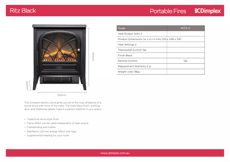 Page 1 de la notice Fiche technique Dimplex RITZ-C