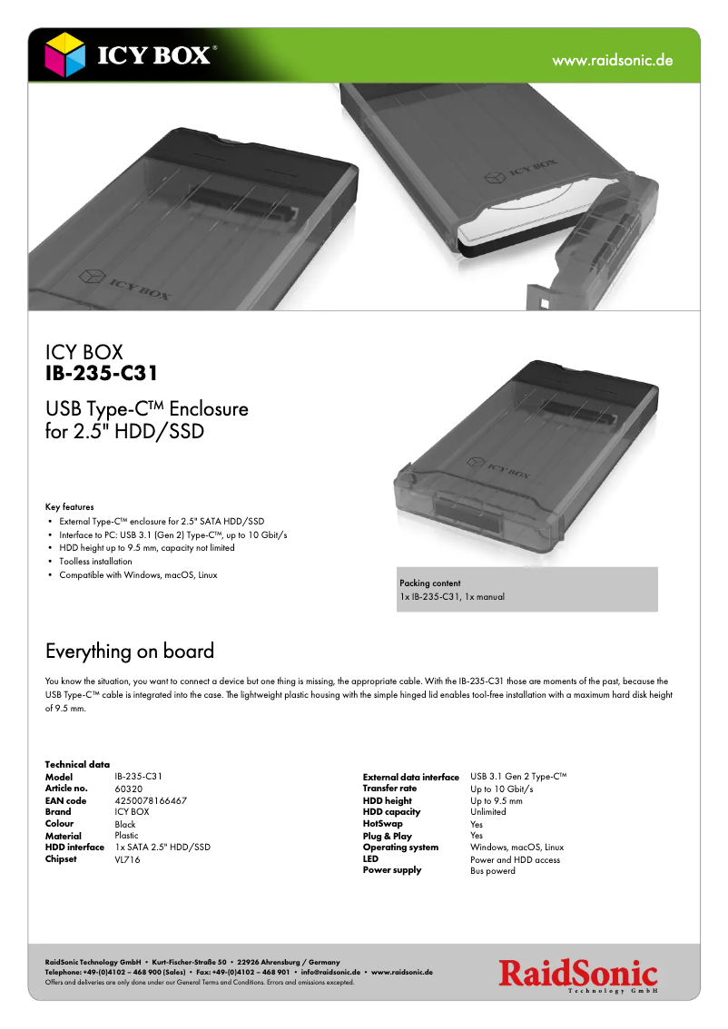 Page 1 de la notice Fiche technique Icy Box IB-235-C31