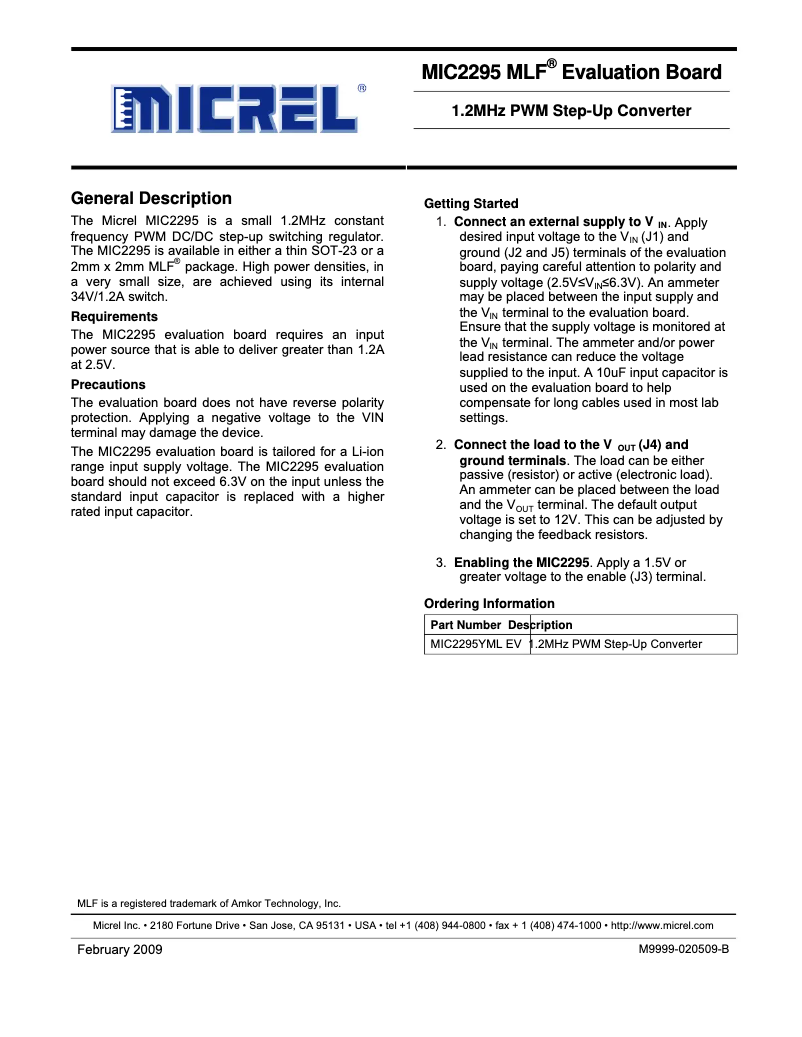 Page 1 de la notice Manuel utilisateur Microchip MIC2295YML