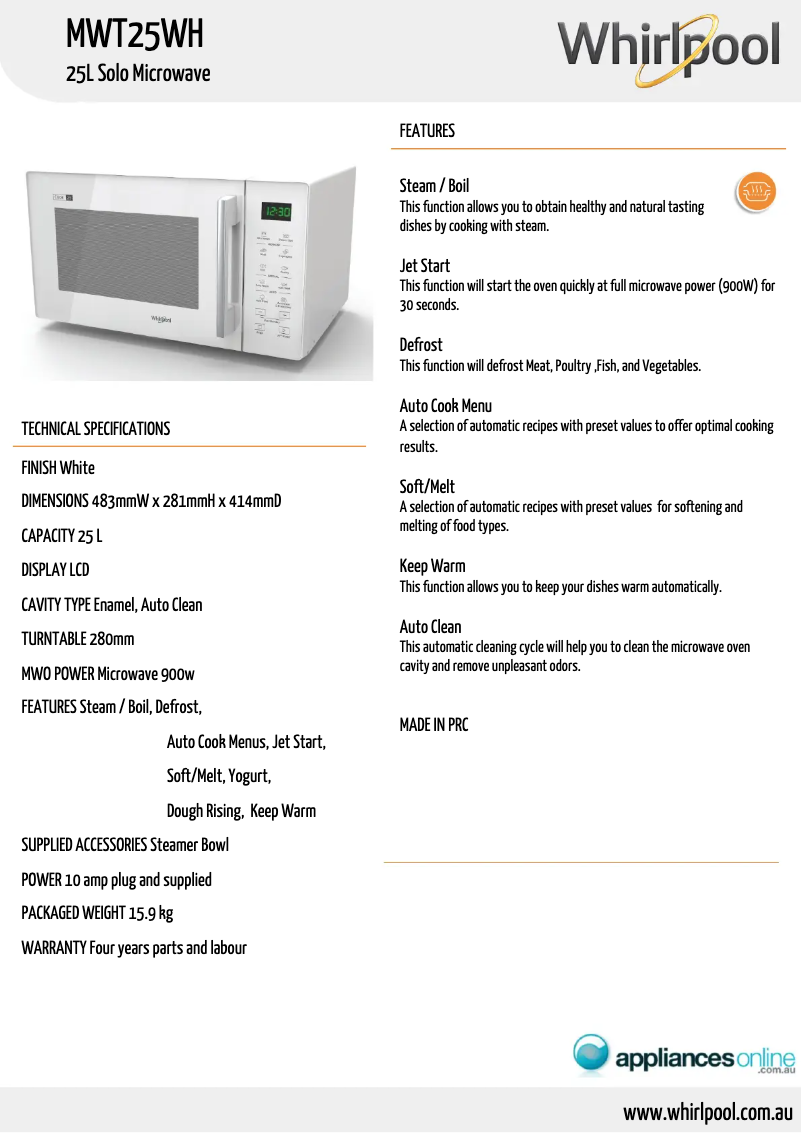 Page 1 de la notice Fiche technique Whirlpool MWT25WH