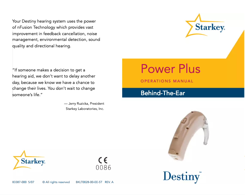 Page 1 de la notice Manuel utilisateur Starkey Destiny BTE Power Plus