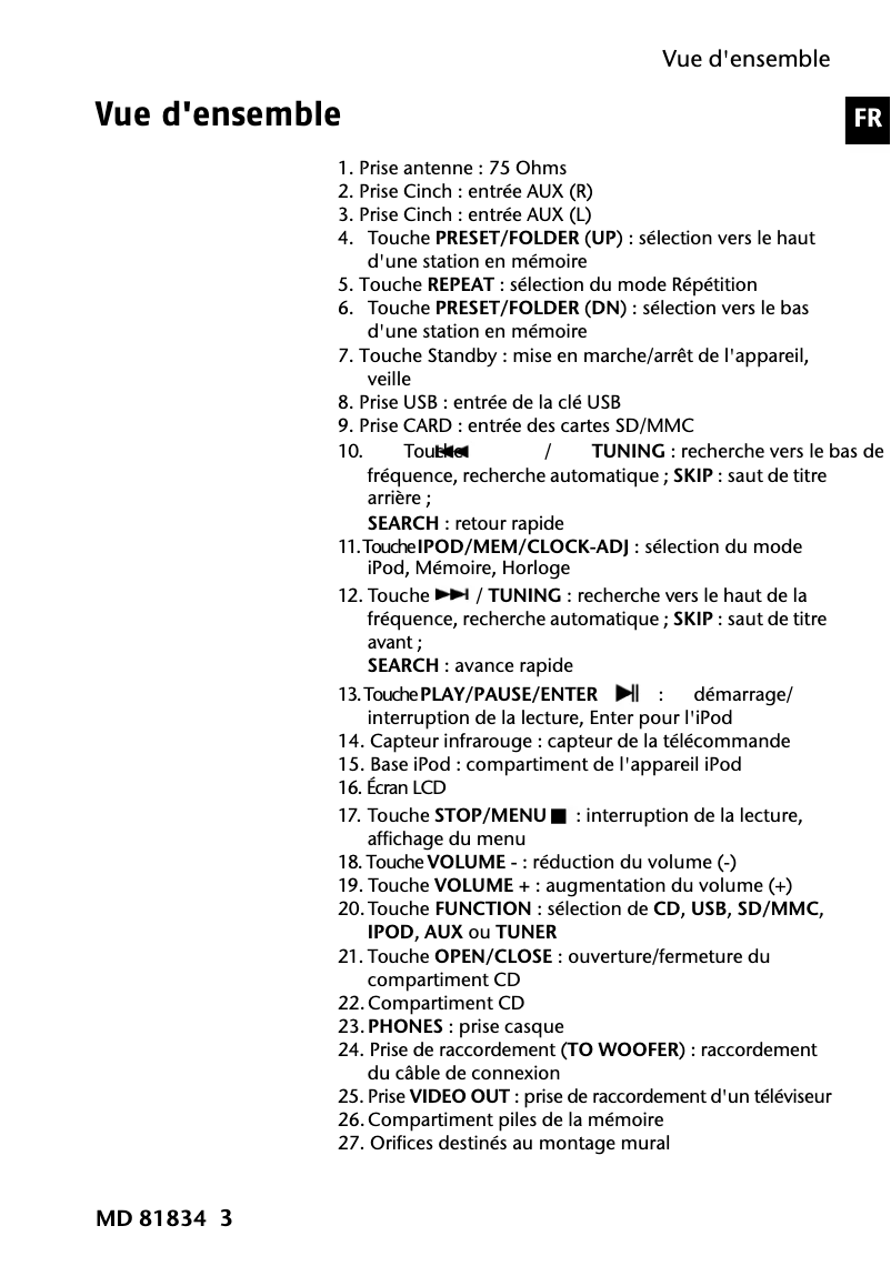 Page 1 de la notice Manuel utilisateur Medion MD 81834