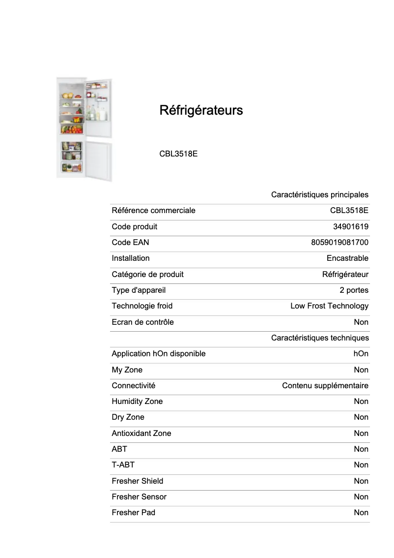 Page 1 de la notice Fiche technique Candy CBL3518E