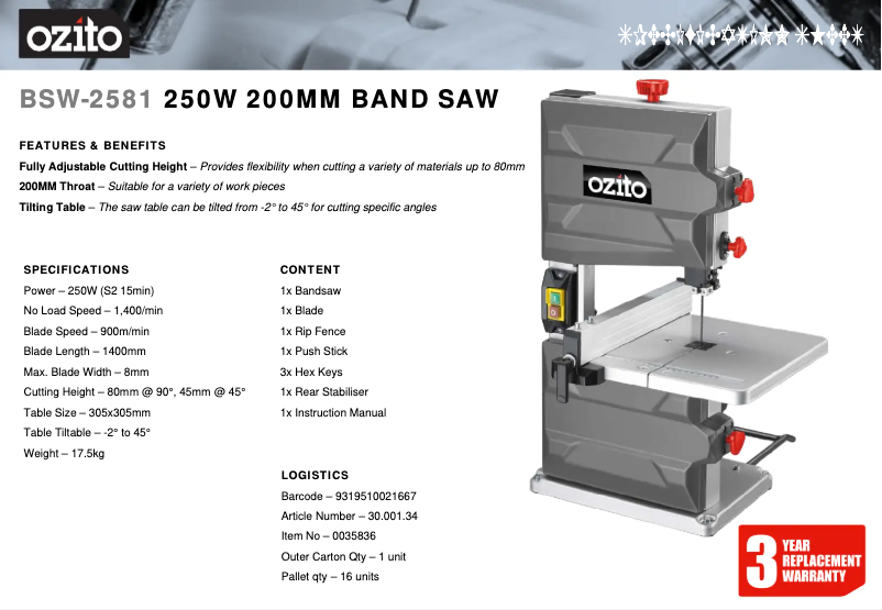 Página 1 del manual Ficha técnica Ozito BSW-2581