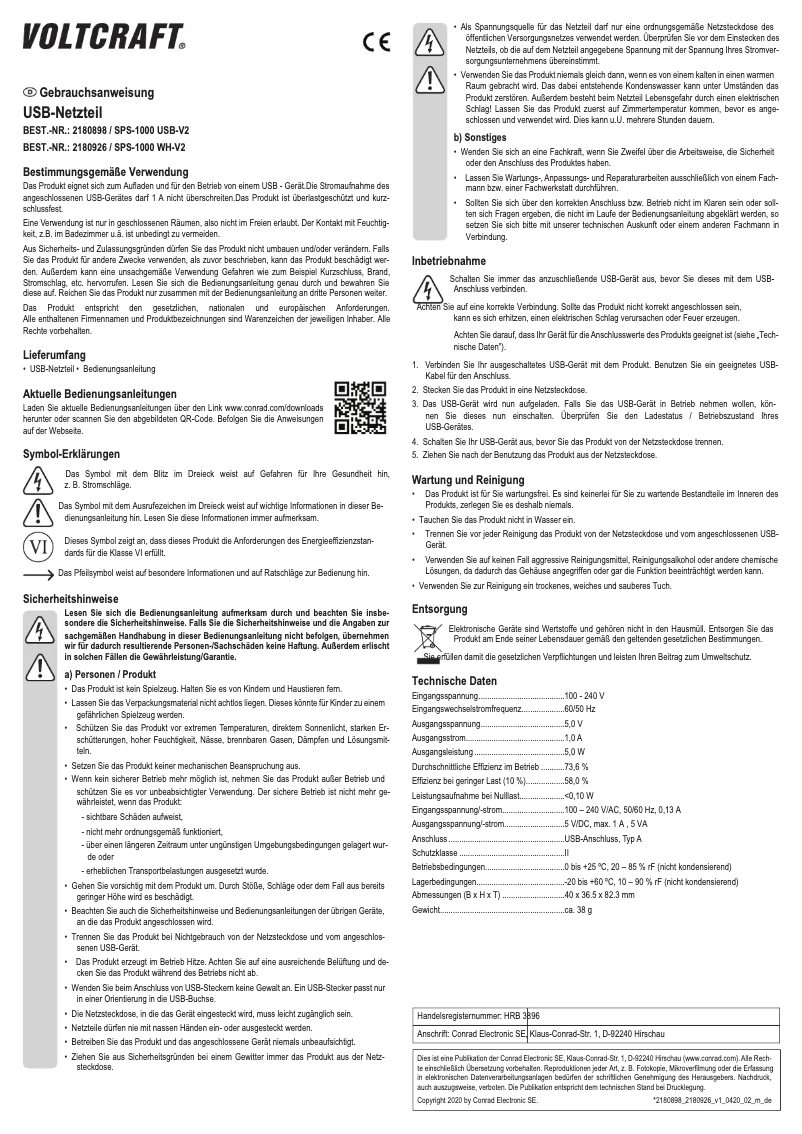 Page 1 de la notice Manuel utilisateur Voltcraft SPS-1000 WH-V2