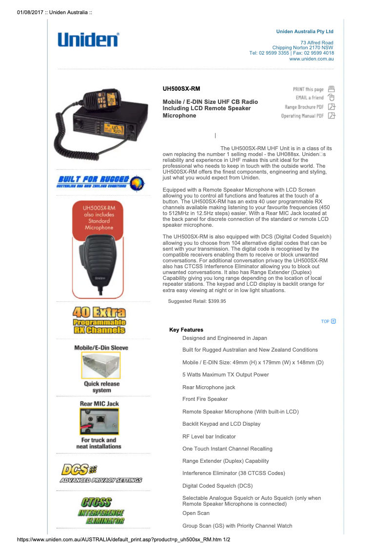 Page 1 de la notice Manuel utilisateur Uniden UH500SX-RM