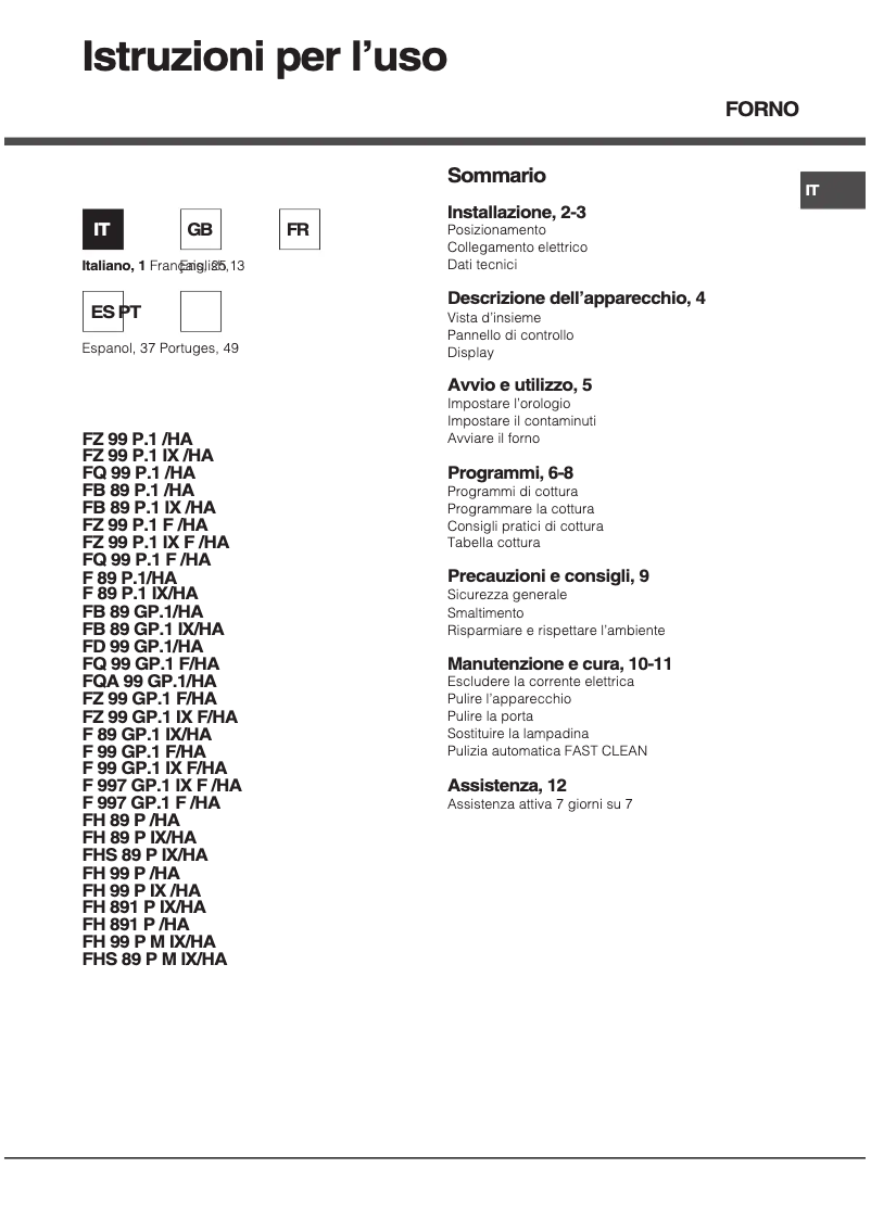 Page 1 de la notice Manuel utilisateur Hotpoint Ariston FH 89 P IX/HA