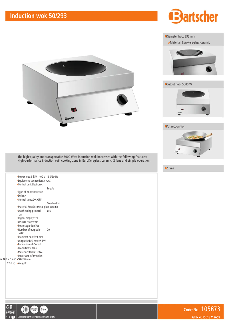 Page n°1 - Fiche technique Bartscher 105873