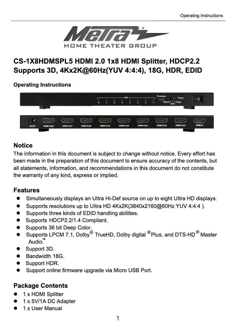 Page 1 de la notice Manuel utilisateur Metra CS-1X8HDMSPL5