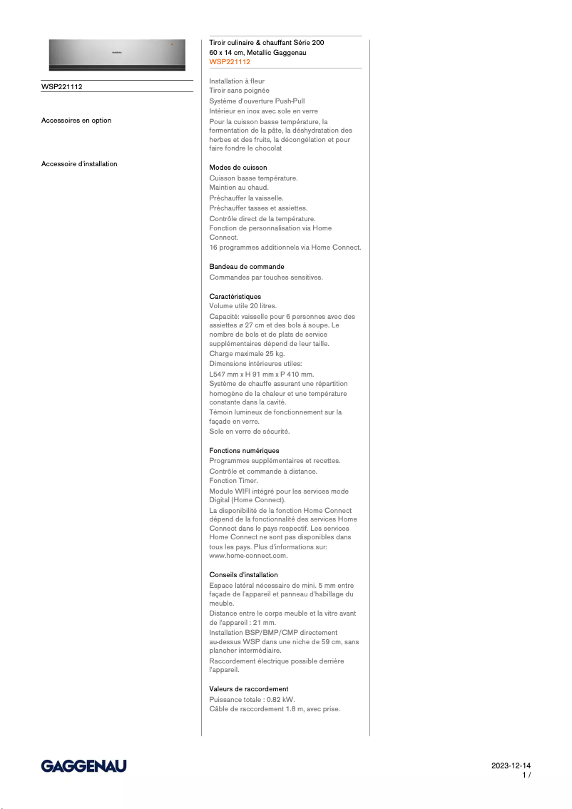 Page 1 de la notice Fiche technique Gaggenau WSP221112