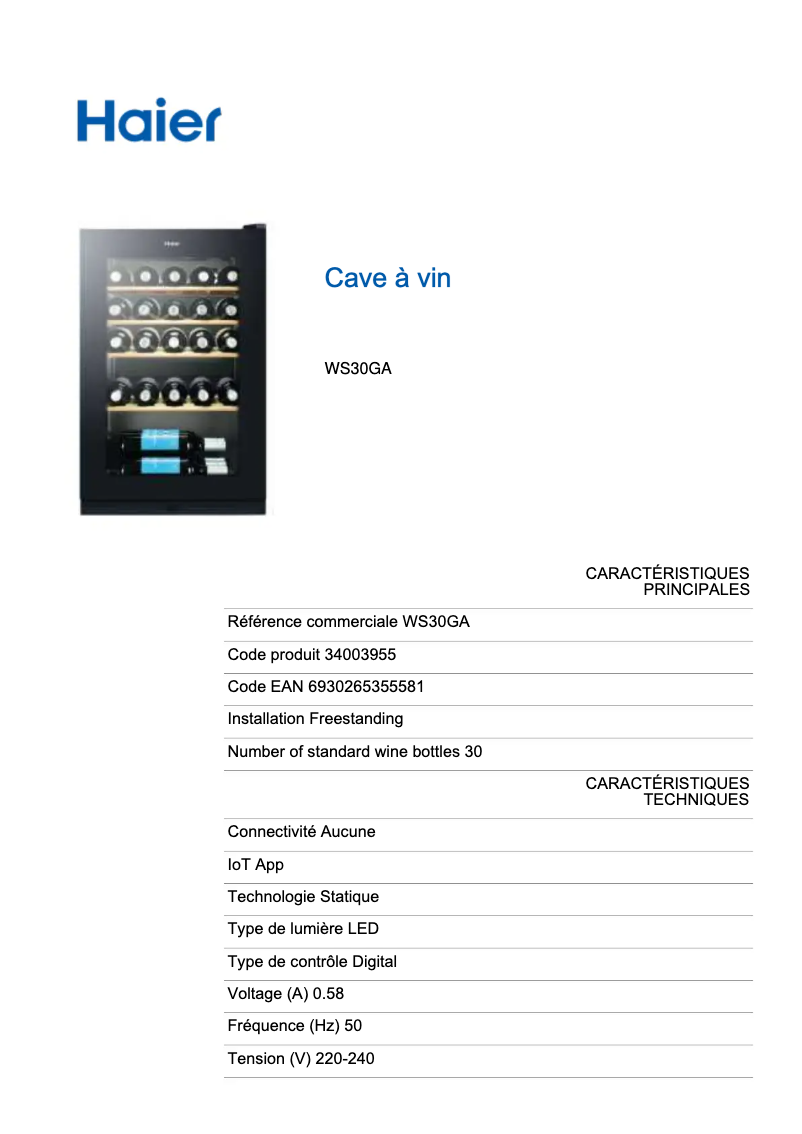Page n°1 - Fiche technique Haier WS30GA