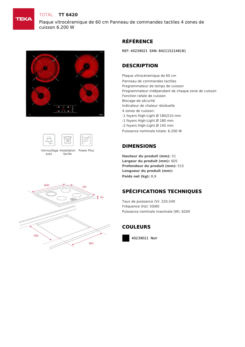 Page n°1 - Fiche technique Teka TT 6420