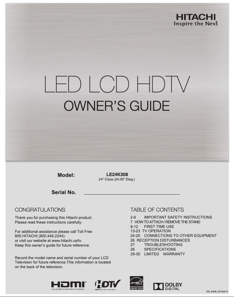 Page n°1 - Manuel utilisateur Hitachi LE24K308