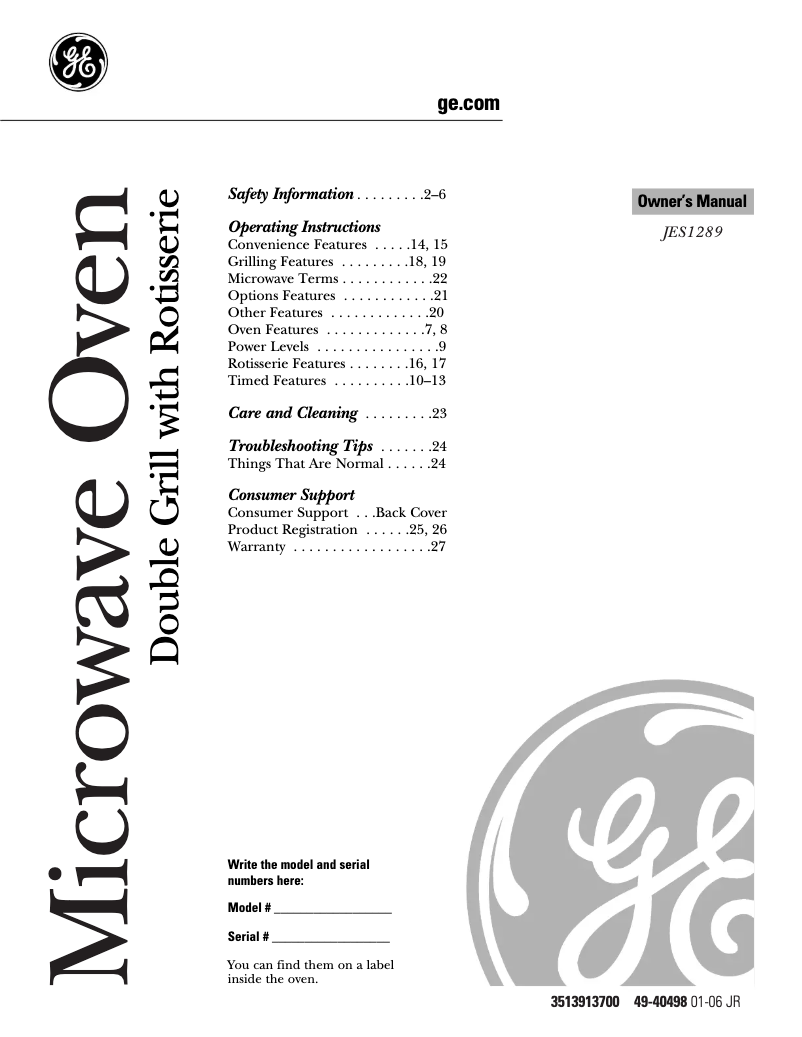 Page 1 de la notice Manuel utilisateur GE JES1289SK