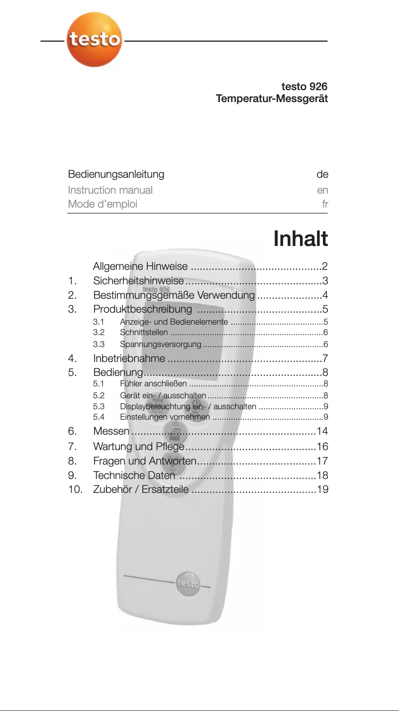 Page 1 de la notice Manuel utilisateur Testo 926