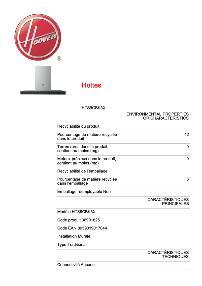 Page 1 of the manual Technical Sheet Hoover H-HOOD 300 HTS9CBK3X